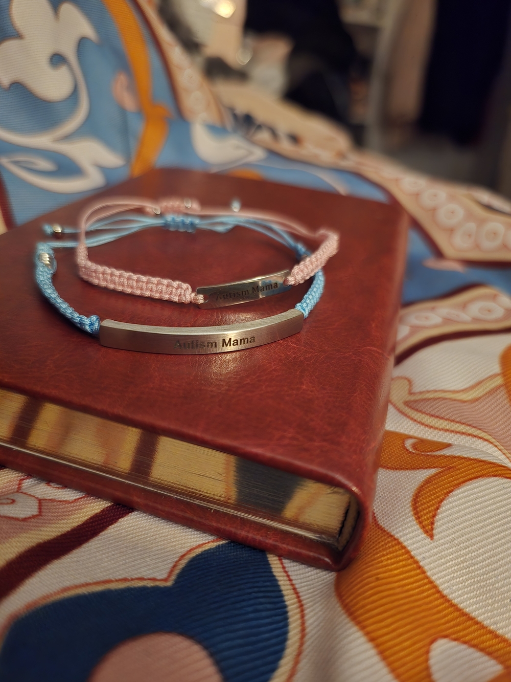 Autism Mama Stainless Steel Engraved Bar Bracelet - Pink & Blue